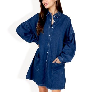 Anna-Kaci Women's Long Sleeve Denim Shirt Dress with Front Button Closure and Patch Pockets - 1 of 4