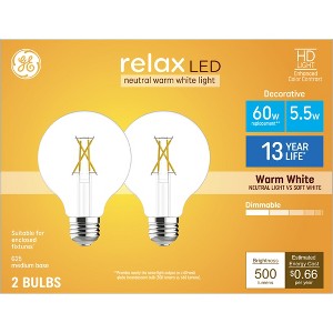 GE 2pk 60W Relax G25 LED Bulbs Warm White: Dimmable, Energy Star Certified, 500 Lumens, 13.7-Year Life - 1 of 4