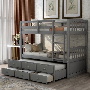 NicBex Twin over Twin Bunk Bed Convertible Pine Triple Bed Frame with Trundle, 3 Drawers, Ladder and Guardrail, No Box Spring Required - 1 of 4