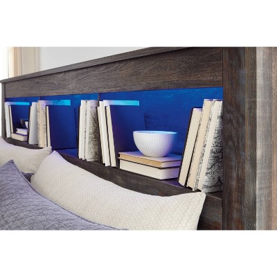 Full Rustic Wood Bookcase Headboard with Storage and LED Lighting