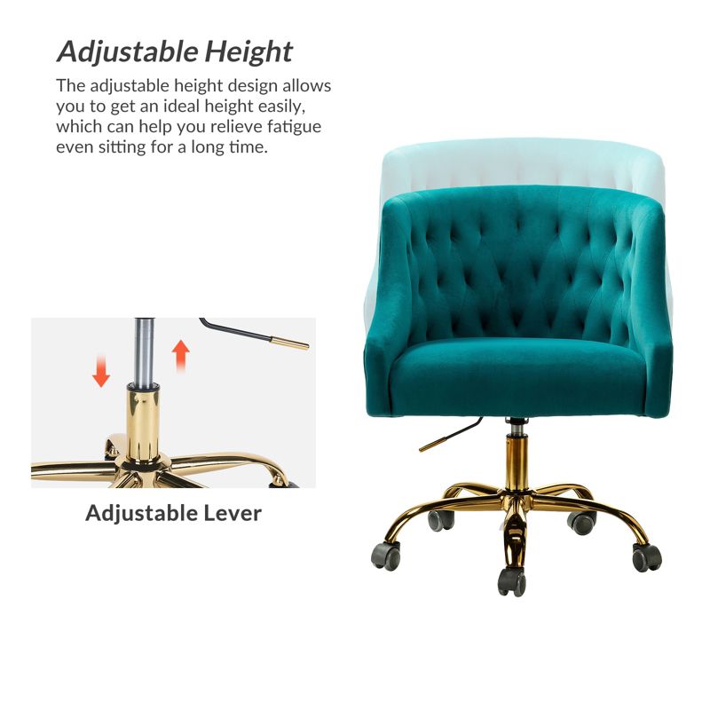 Anika Velvet Height-adjustable Swivel Task Office Chair with Button-tufted Back and Gold Base | Karat Home, 5 of 13