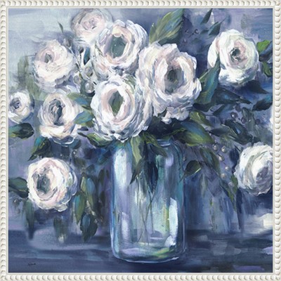 Indigo and White Floral Canvas Print with Sylvie White Frame