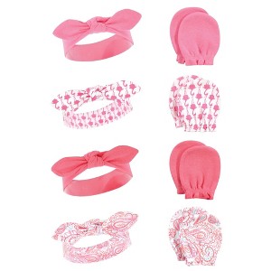 Hudson Baby Infant Girl Cotton Headband and Scratch Mitten Set, Flamingo, 0-6 Months - 1 of 4