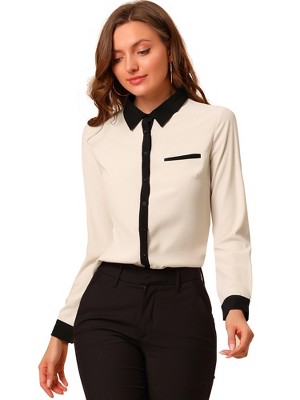 INSPIRE CHIC Women's Contrast Collar Chiffon Long Sleeve Work Office Blouse