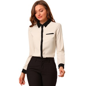 INSPIRE CHIC Women's Contrast Collar Chiffon Long Sleeve Work Office Blouse - 1 of 4