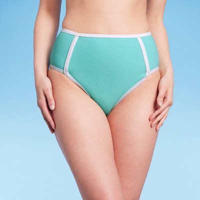 Women's Terry Textured Solid High Waist High Leg Bikini Bottom - Kona Sol™ Turquoise Blue