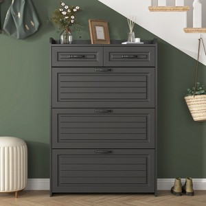 Hommoo Slim Wooden Shoe Cabinet With 3 Flip Drawers & 2 Top Compartments, Space-Saving Organizer For Hallway - 1 of 4