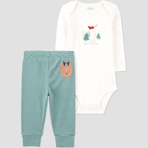 Carter's Just One You® Baby 2pc Christmas Striped Reindeer Top and Bottom Set - Green - 1 of 4
