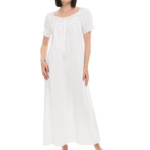 ADR Women's Cotton Nightgown Amelia Short Sleeve Lace Trim Button Up Long Vintage Night Dress Gown - 1 of 4