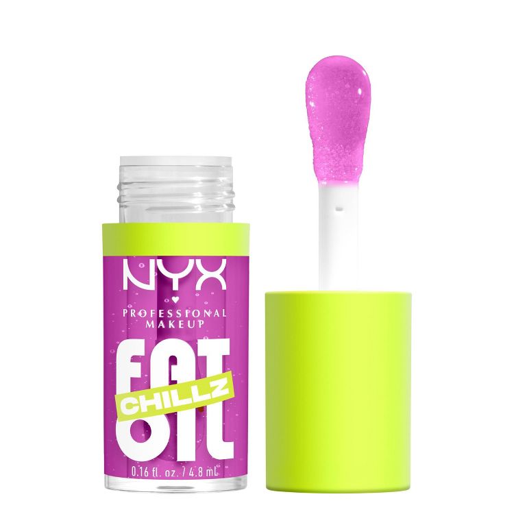 Bright pink lip gloss with a clear container and a lime green cap. The applicator is shown with a glossy pink tip. The label reads "NYX Professional Makeup Fat Oil Chillz" with "0.16 fl oz / 4.8 mL" at the bottom.