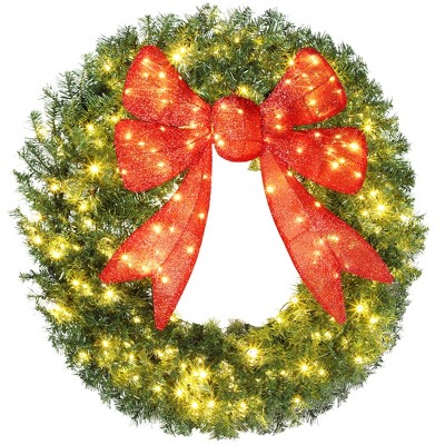 48" Pre-Lit Christmas Wreath with 3D Red Bow & 11 Lighting Modes for Door or Wall Décor
