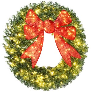48" Pre-Lit Christmas Wreath with 3D Red Bow & 11 Lighting Modes for Door or Wall Décor - 1 of 4