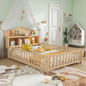 CAVINAS Multi-Functional Kids Montessori Floor Bed Frame, Sturdy Pine & Plywood Platform Bed Frame with Fence & Door, Full Wooden Toddler Bed - 1 of 4