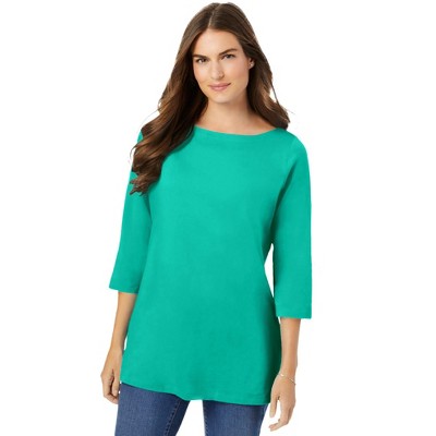 Woman Within Plus Size Perfect Three-Quarter Sleeve Boatneck Tee