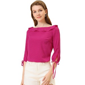 Allegra K Women's Vintage 3/4 Sleeve Boat Neck Ruffled Dots Print Blouse - 1 of 4