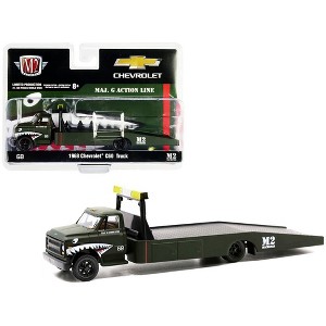 M2 Machines 1968 Chevrolet C60 Flatbed Truck #68 Matt Dark Green with Graphics "Maj. G Action Line" - 1 of 3