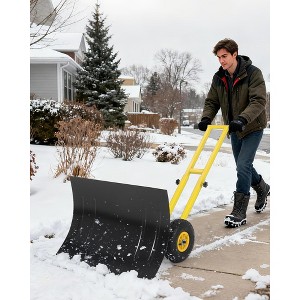 Snow Shovel with 29.13x19.8 in Wide Blade, Heavy Duty Rolling Snow Pusher Shovel with Adjustable Handle and 5-Position Angled Blade for Driveway - 1 of 4