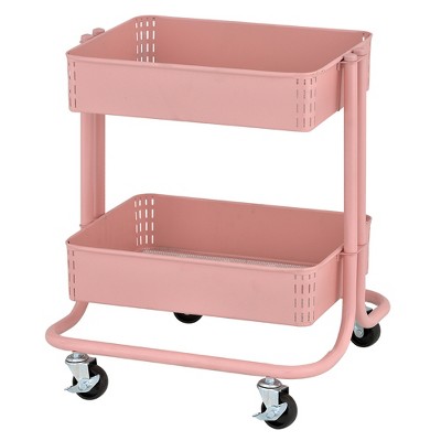 ECR4Kids Pink 2-Tier Metal Rolling Utility Cart
