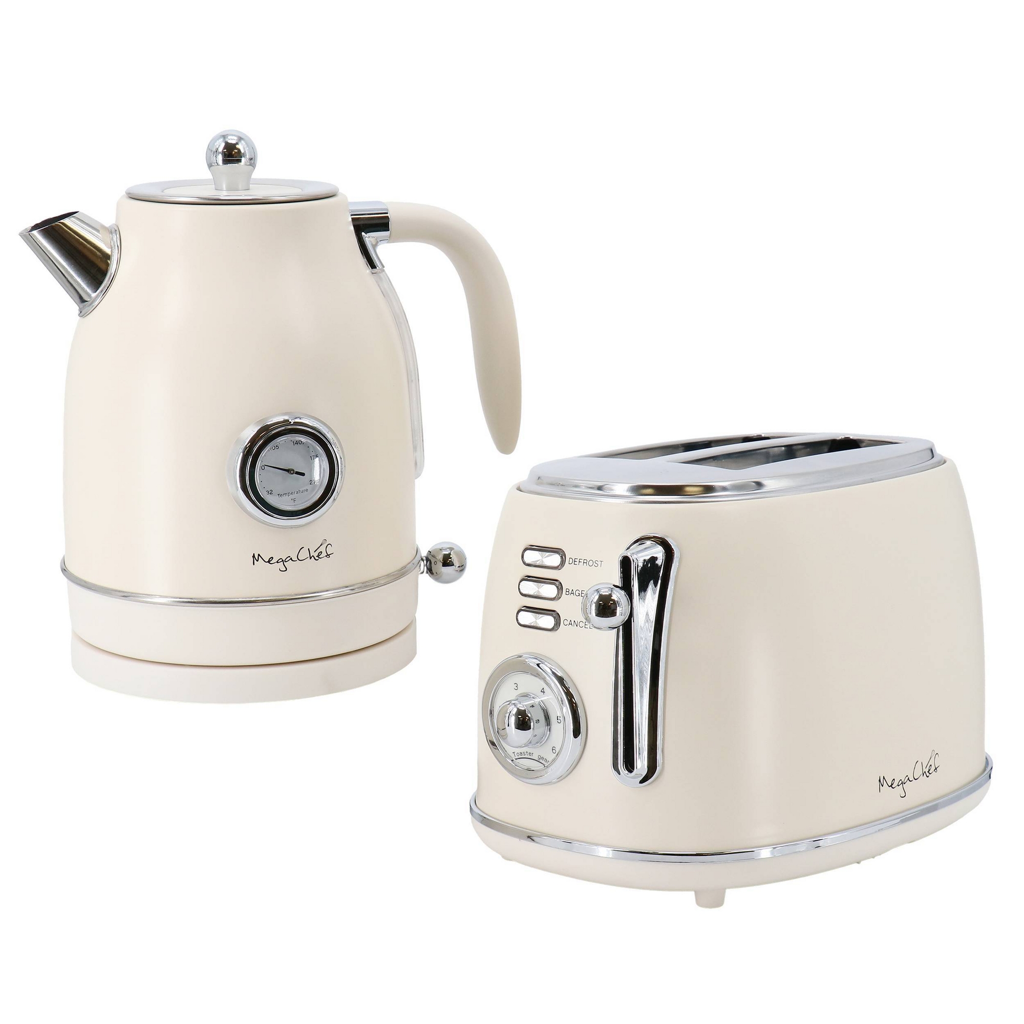 MegaChef 1.7 Liter Electric Tea Kettle & 2 Slice Toaster Combo in Matt Cream: Stainless Steel, BPA-Free, Automatic Shut-Off