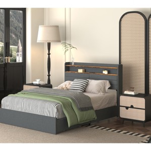 Upholstered Bed with Headboard Shelf and Storage Drawers, Bed with LED Lights and Charging Station, Bed with Sturdy Metal Frame-Baofuwish - 1 of 4