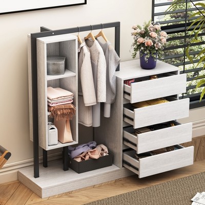 KTMBDW Wardrobe Closet, Portable Clothing Rack for Hanging Clothes, Free Standing Closet Organizers with 4 Large Drawers and 3 Shelves for Bedroom