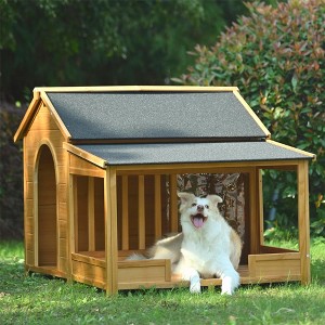 YOOCOZZ 60.2" Large Wooden Dog House with Porch,  Asphalt Roof and Elevated Floor, Side Window and Doors,  For Medium & Large Dogs-Natural - 1 of 4