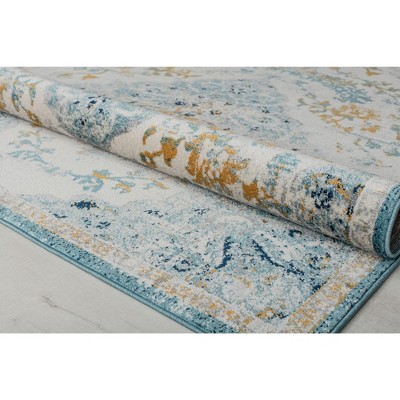 Ivory and Blue Rectangular Synthetic Vintage Area Rug, 5' x 7'