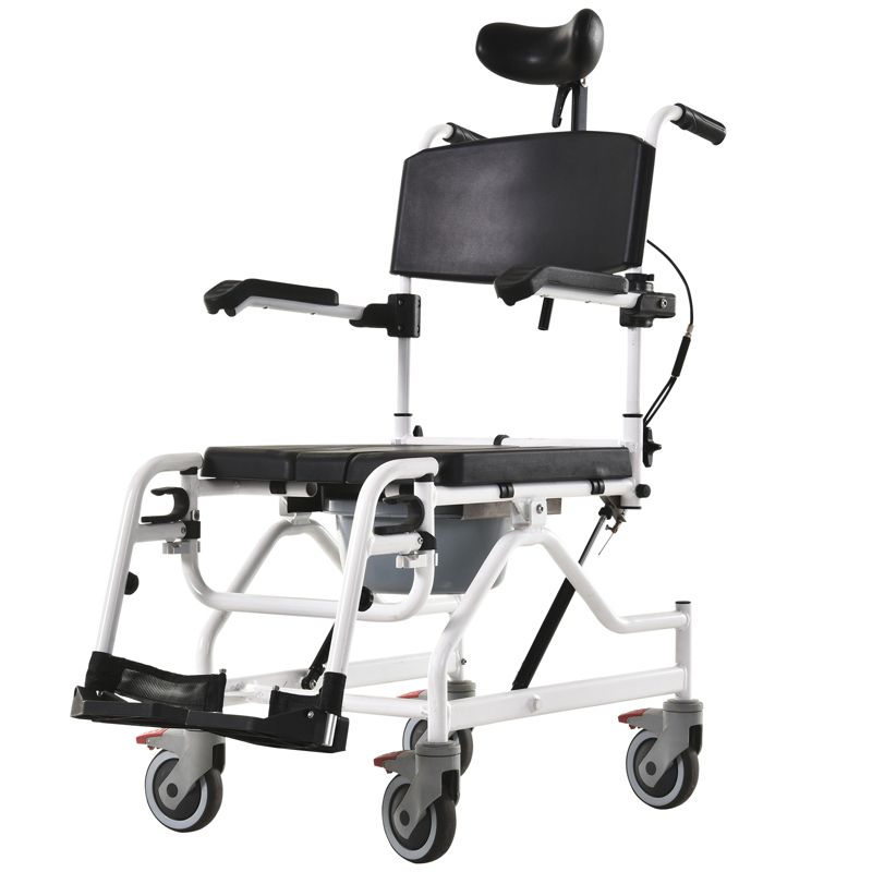 HOMCOM Personal Mobility Assist Bedside Commode Toilet Chair with 30° Reclining Backrest & Four Rolling Wheels, 1 of 9