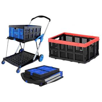 Magna Cart 2-Tier Foldable Shopping Hospitality Utility Cart w/22" x 16" x 11" Collapsible Tote Plastic Storage Crate for Transporting Goods
