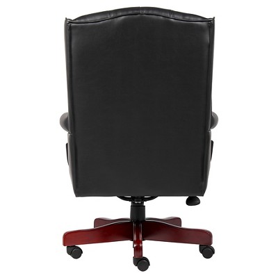 Elegant High-Back Swivel Banker Chair in Black Vinyl and Mahogany Wood