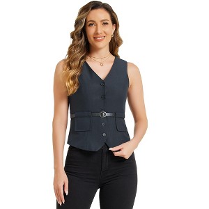 Allegra K Women's V-Neck Sleeveless Irregular Hem Belted Button Front Vest - 1 of 4