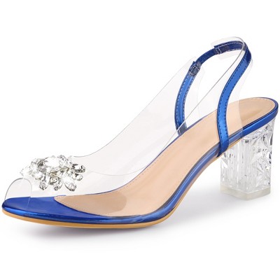Perphy Women's Clear Slingback Rhinestone Peep Toe Block Sandal Heels