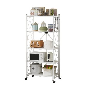 SUGIFT Storage Shelves, 5-Tier Foldable Metal Garage Shelf with Wheels, Kitchen Shelf with 3 Hooks, White - 1 of 4