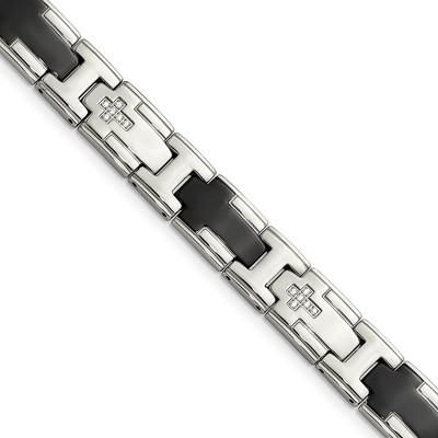 Black Bow Jewelry 12mm Stainless Steel, Black Plated & CZ Cross Link Bracelet, 8.5 Inch