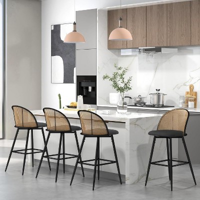 TYBOATLE Bar Stools Set, 29" Rattan Swivel Barstools with Faux Leather, Boho Mid-Century Modern Upholstered Bar Chairs for Kitchen Island