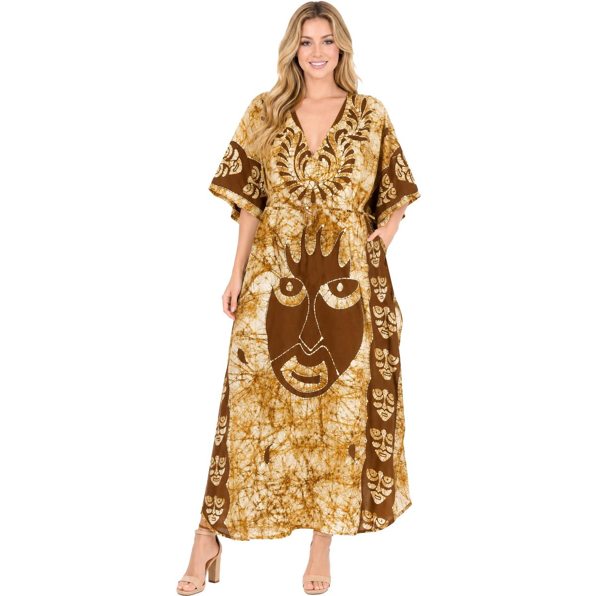 LA LEELA Summer Cotton Resortwear Caftan for Women Vacation Cruise Holiday Loungewear Maternity Friendly Beach Dress 2X-3X Yellow Tie Dye