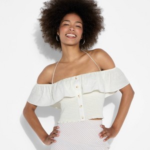 Women's Smocked Ruffle Sleeve Open-Neck Halter Top - Wild Fable™ Off-White - 1 of 3