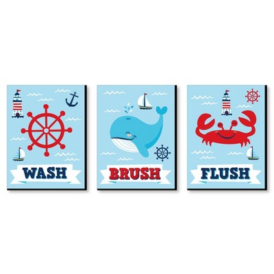 Big Dot of Happiness Lighthouse, Sailboat and Anchor - Nautical Kids Bathroom Rules Wall Art - 7.5 x 10 inches - Set of 3 Signs - Wash, Brush, Flush