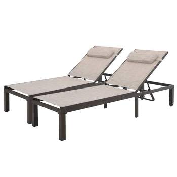 2pc Outdoor Adjustable Chaise Lounge Chairs with Pillows & Wheels - Beige - Crestlive Products