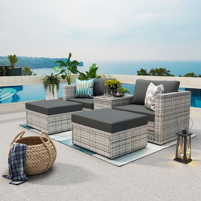 SKRAN Outdoor Patio Garden Wicker Sectional Sofa Set with Cushions and Pillows,w/Furniture Protection Cover for Backyard Deck