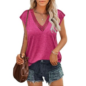Zeagoo Womens V Neck Tank Top Cap Sleeve Tank Blouse Tee Lace Trim Casual Shirt - 1 of 3