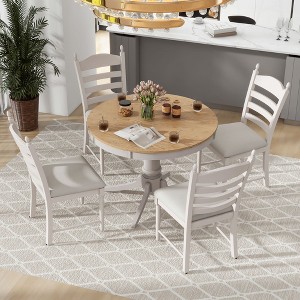 Whisen 5-Piece Retro Functional Dining Table Set with Round Extendable Dining Table and 4 Upholstered Dining Chairs - 1 of 4