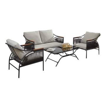 LuxenHome 4-Pc Black Iron Outdoor Patio Furniture Set with Gray Cushions