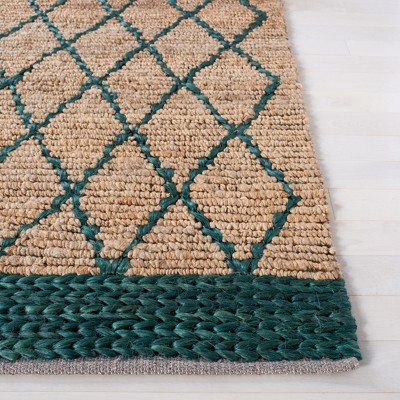 Hand-Knotted Boho Chic Geometric Cotton Rug in Natural/Dark Green - 4' x 6'