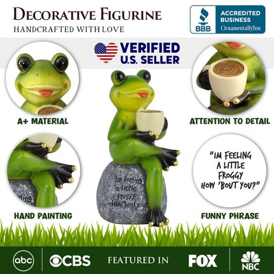Green Coffee Drinking Frog Garden Statue with Engraved Quote