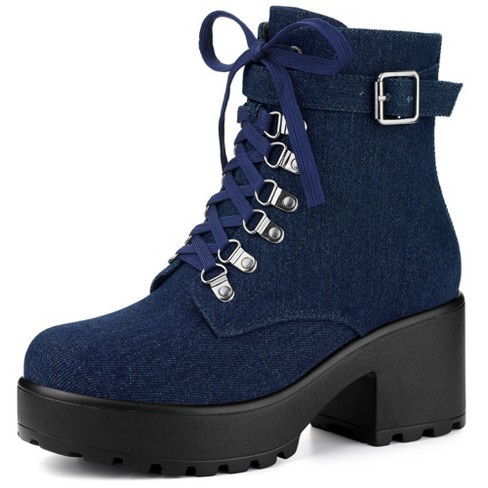 Blissful Step Women s Zip Chunky Heel Platform Ankle Combat Boots Dark Blue 10 Target