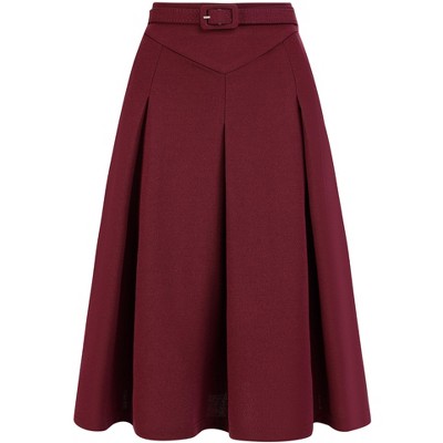 INSPIRE CHIC Women's Belted Waist Casual Knee Length Pleated A-Line Skirt