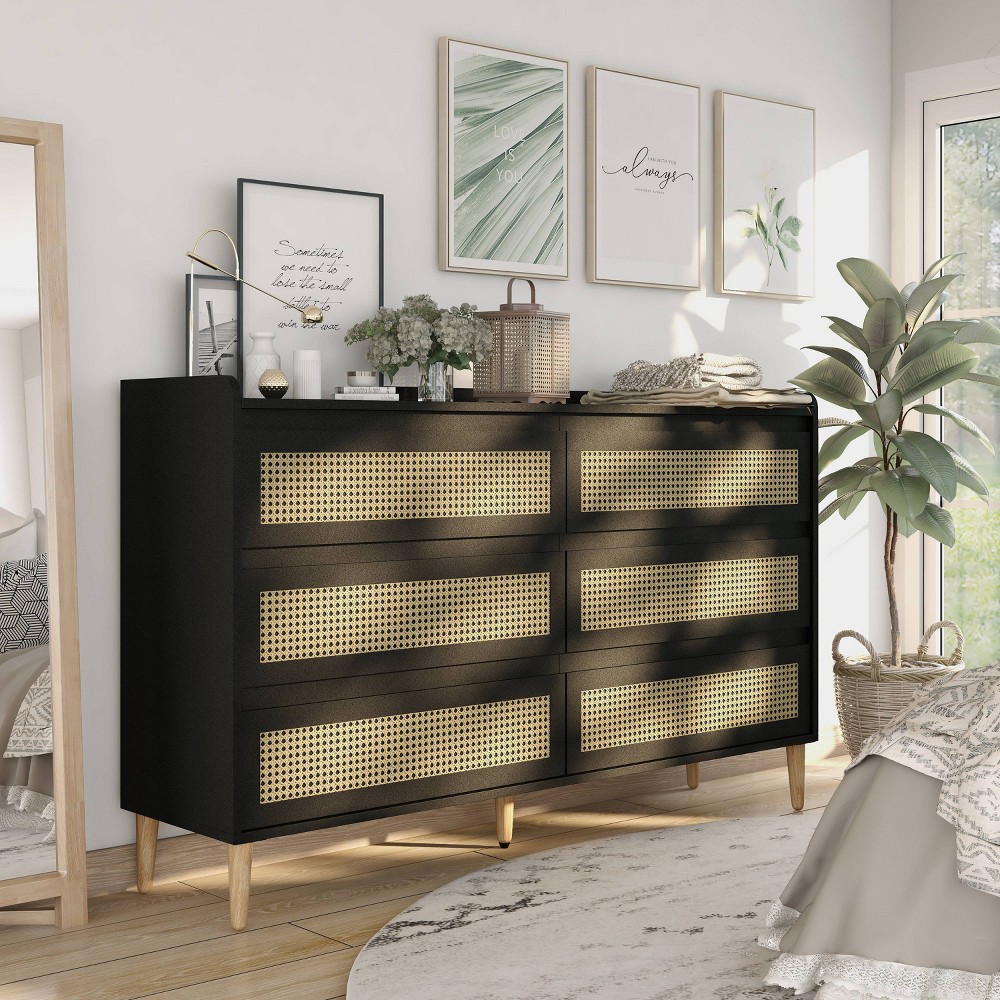63" Warren 6 Drawer Dresser Black - miBasics: Modern Mid-Century Style with Tapered Legs, MDF Wood