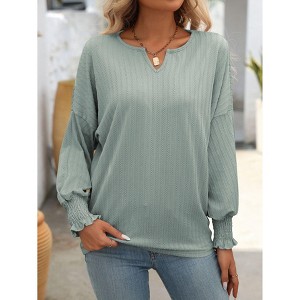 Women's V-Neck T-Shirt Ruffle Cuff Drop Shoulder Long Sleeve Top - 1 of 4
