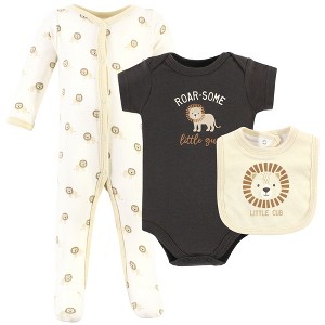 Hudson Baby Infant Boy Cotton Sleep and Play, Bodysuit and Bandana Bib Set, Brave Lion - 1 of 4